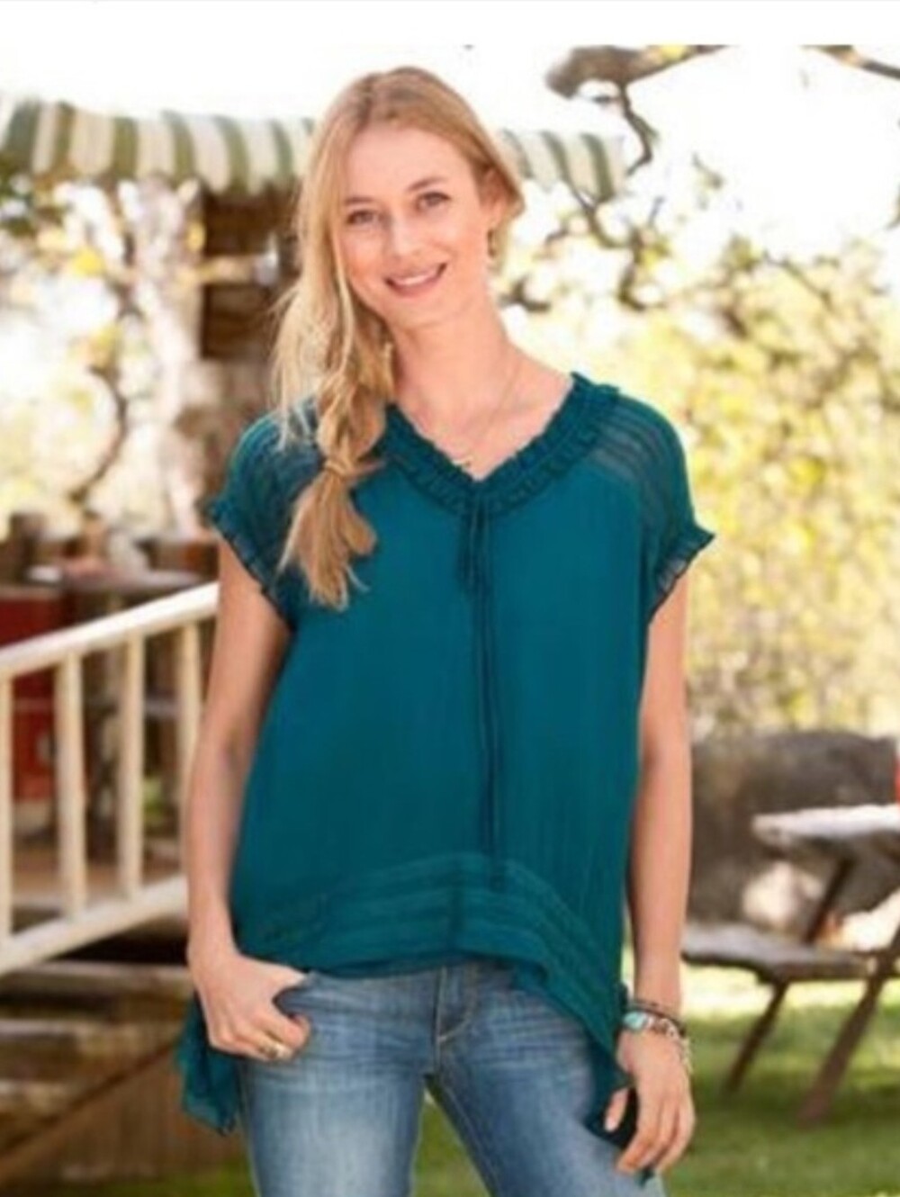 SUNDANCE Teal Silk Sheer V-neck Tunic Blouse Cap Sleeves Large
